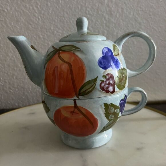 Mesa International Vintage Teapot Tea Cup Fruit Blue Hand painted - Picture 1 of 6